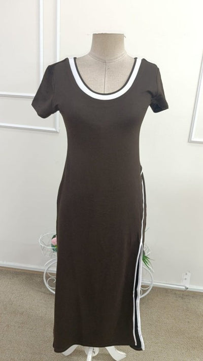 Rochie de damă albă, lungă, din viscoză, cu mânecă scurtă, decolteu rotund și detaliu cu crăpături, 34120
