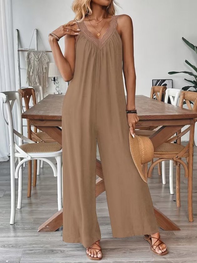 Women's Smart V-Neck Lace Detail Wide-Leg Viscose Jumpsuit, 34039