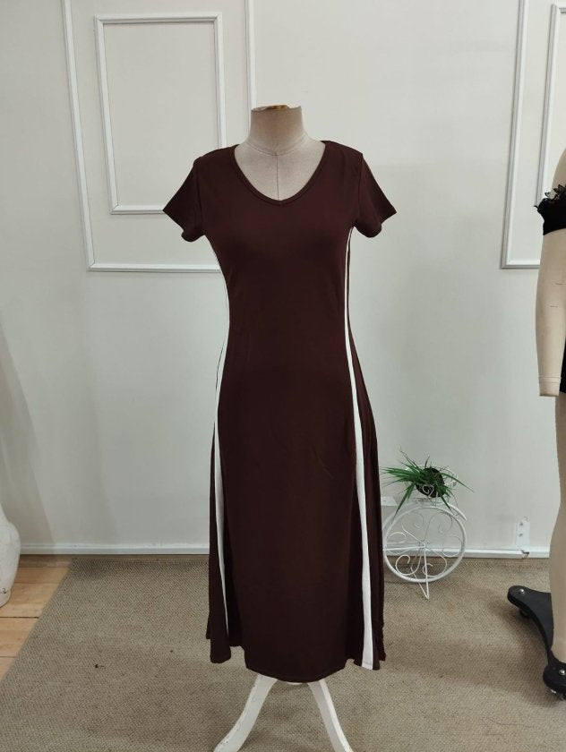Rochie midi pentru femei cu mânecă scurtă, decolteu în V și dungi laterale, din viscoză cu două fire, 34045