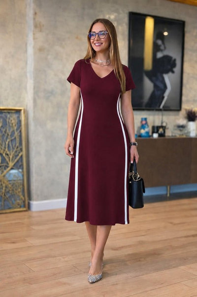 Rochie midi pentru femei cu mânecă scurtă, decolteu în V și dungi laterale, din viscoză cu două fire, 34046