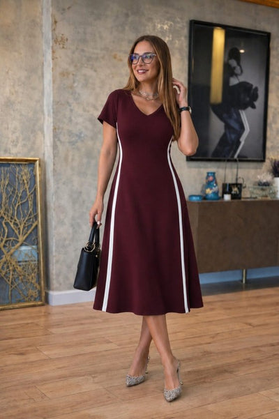 Rochie midi pentru femei cu mânecă scurtă, decolteu în V și dungi laterale, din viscoză cu două fire, 34046