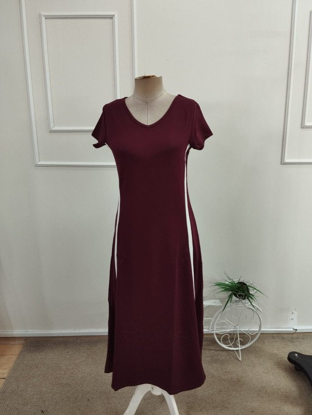 Rochie midi pentru femei cu mânecă scurtă, decolteu în V și dungi laterale, din viscoză cu două fire, 34046