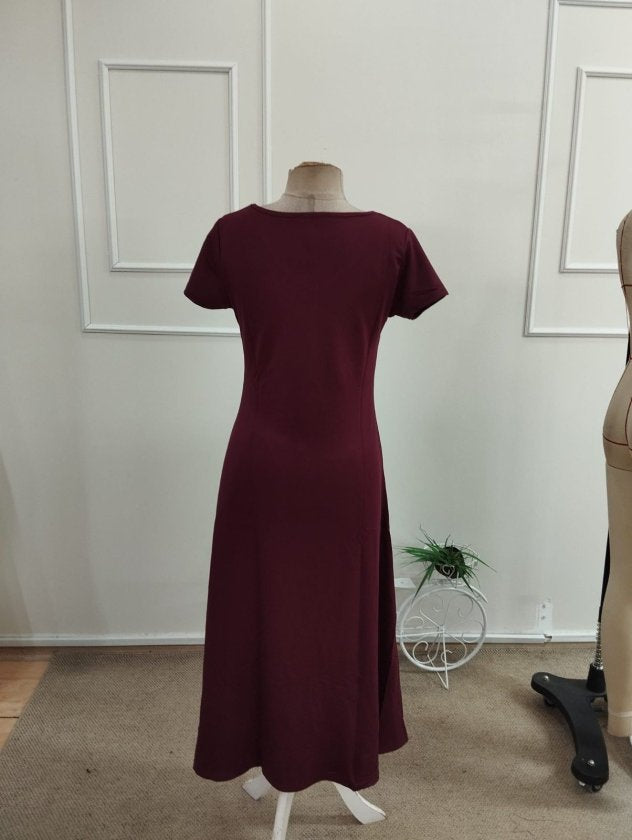 Rochie midi pentru femei cu mânecă scurtă, decolteu în V și dungi laterale, din viscoză cu două fire, 34046