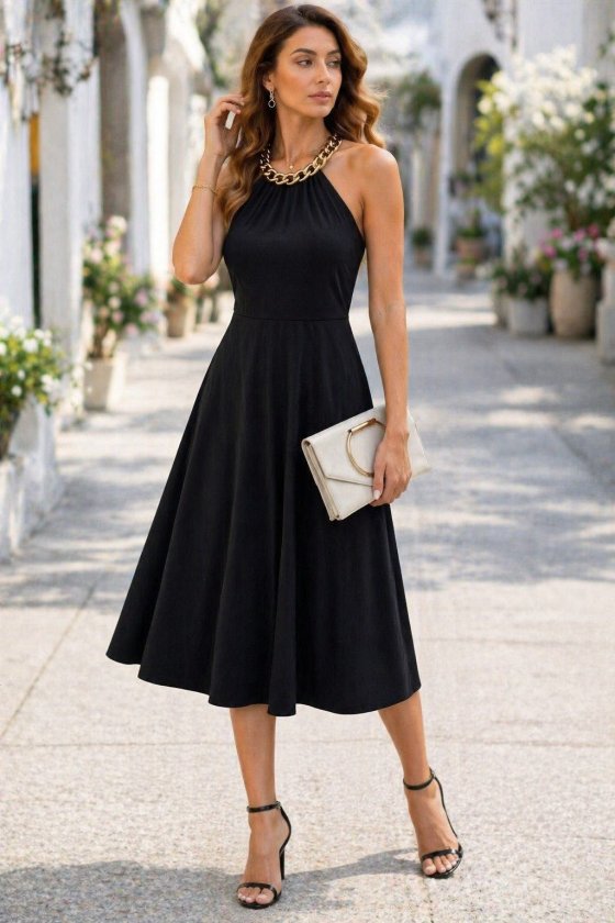 Rochie midi din viscoză pentru femei, cu umeri goi și detaliu cu lanț la gât, 34047