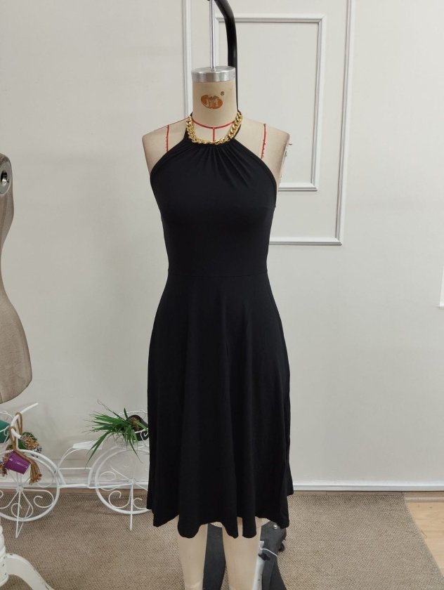 Rochie midi din viscoză pentru femei, cu umeri goi și detaliu cu lanț la gât, 34047