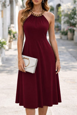 Rochie midi din viscoză pentru femei, cu umeri goi și detaliu cu lanț la gât, 34048