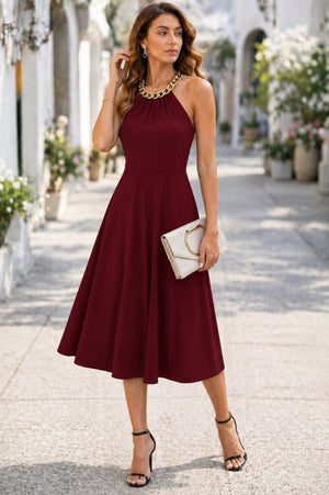 Rochie midi din viscoză pentru femei, cu umeri goi și detaliu cu lanț la gât, 34048