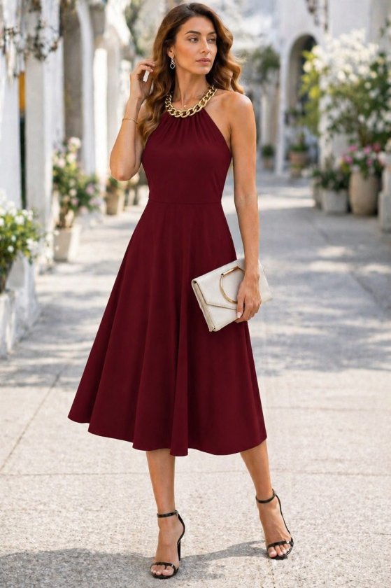 Rochie midi din viscoză pentru femei, cu umeri goi și detaliu cu lanț la gât, 34048