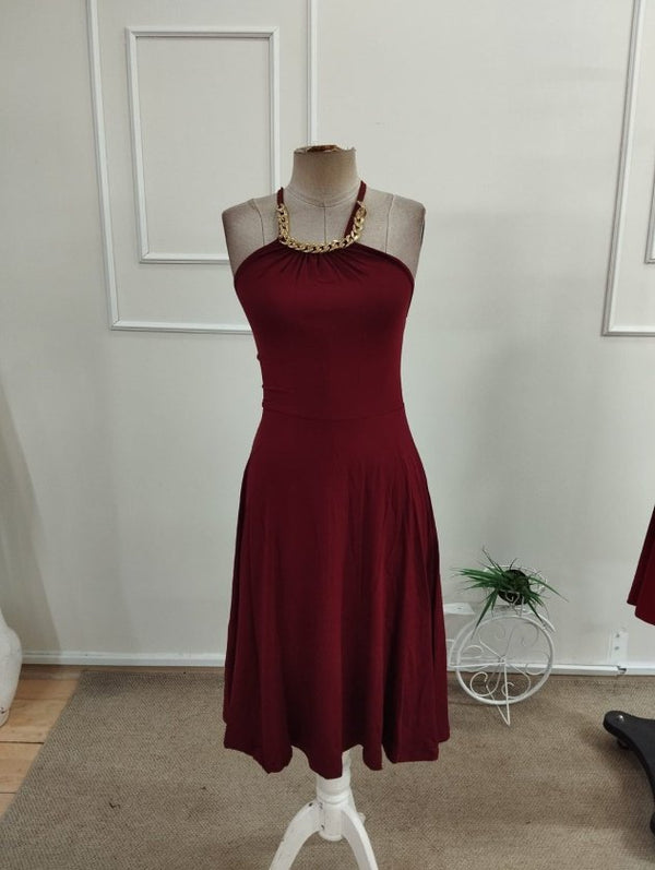 Rochie midi din viscoză pentru femei, cu umeri goi și detaliu cu lanț la gât, 34048