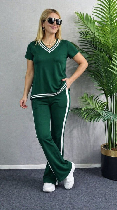 Compleu din viscon cu mânecă scurtă, guler V, bluza și pantalon două piese, 36668