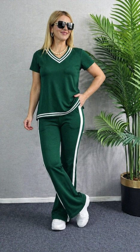 Compleu din viscon cu mânecă scurtă, guler V, bluza și pantalon două piese, 36668