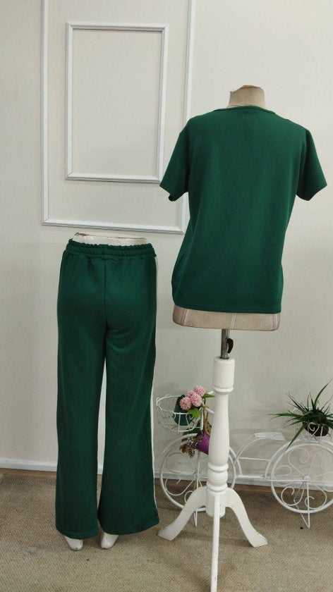 Compleu din viscon cu mânecă scurtă, guler V, bluza și pantalon două piese, 36668