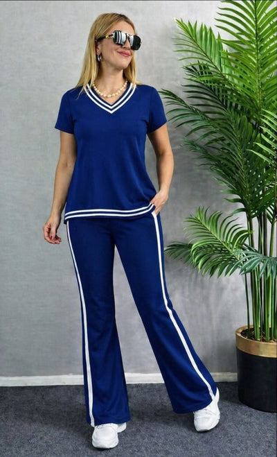 Compleu din viscon cu mânecă scurtă, guler V, bluza și pantalon două piese, 36669