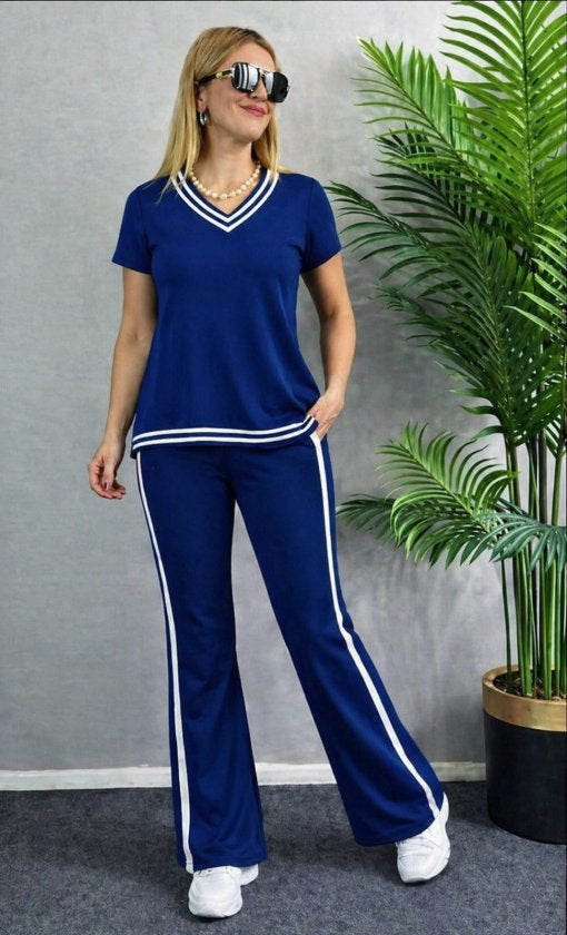 Compleu din viscon cu mânecă scurtă, guler V, bluza și pantalon două piese, 36669