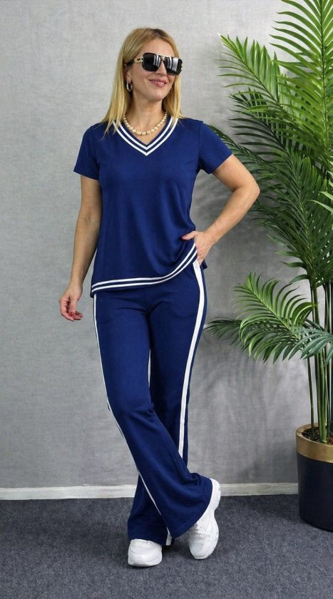 Compleu din viscon cu mânecă scurtă, guler V, bluza și pantalon două piese, 36669