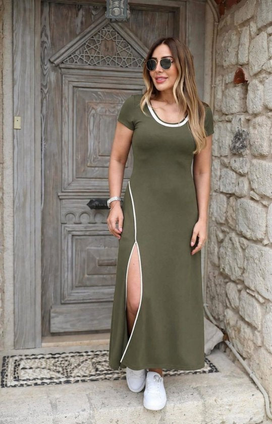 Rochie de damă albă, lungă, din viscoză, cu mânecă scurtă, decolteu rotund și detaliu cu crăpături, 34121