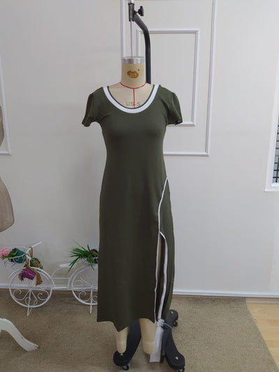 Rochie de damă albă, lungă, din viscoză, cu mânecă scurtă, decolteu rotund și detaliu cu crăpături, 34121