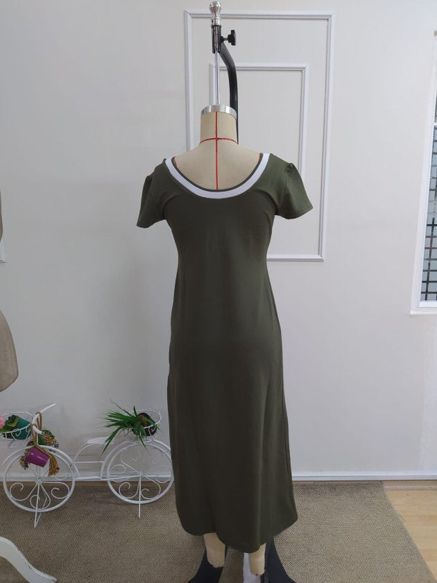 Rochie de damă albă, lungă, din viscoză, cu mânecă scurtă, decolteu rotund și detaliu cu crăpături, 34121