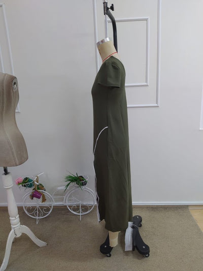 Rochie de damă albă, lungă, din viscoză, cu mânecă scurtă, decolteu rotund și detaliu cu crăpături, 34121