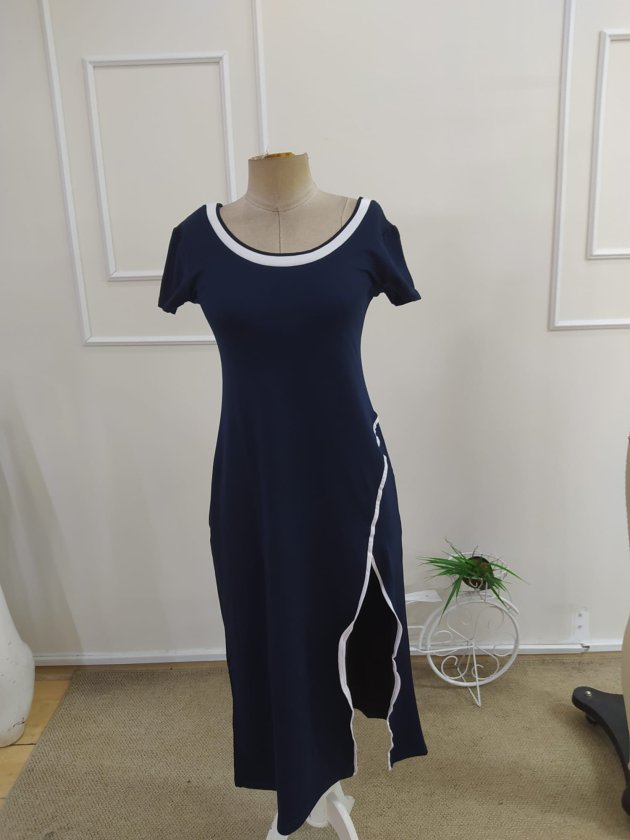 Rochie de damă albă, lungă, din viscoză, cu mânecă scurtă, decolteu rotund și detaliu cu crăpături, 34122