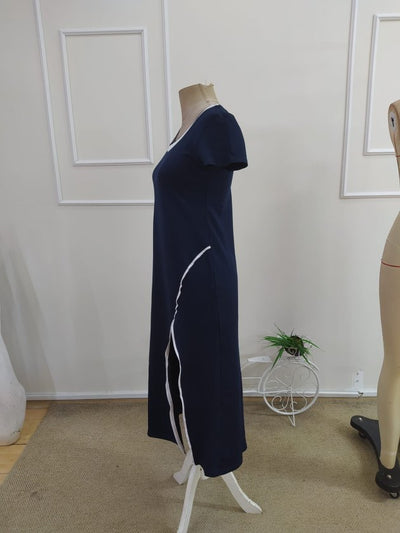 Rochie de damă albă, lungă, din viscoză, cu mânecă scurtă, decolteu rotund și detaliu cu crăpături, 34122