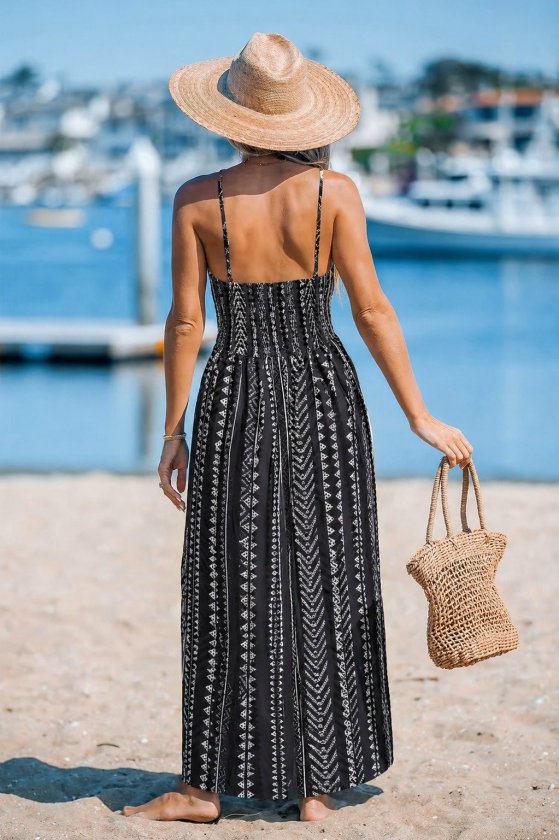 Women's Spaghetti Strap Crossover Neck Long Patterned Supreme Dress, 34173