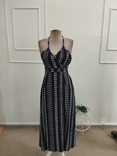 Women's Spaghetti Strap Crossover Neck Long Patterned Supreme Dress, 34173