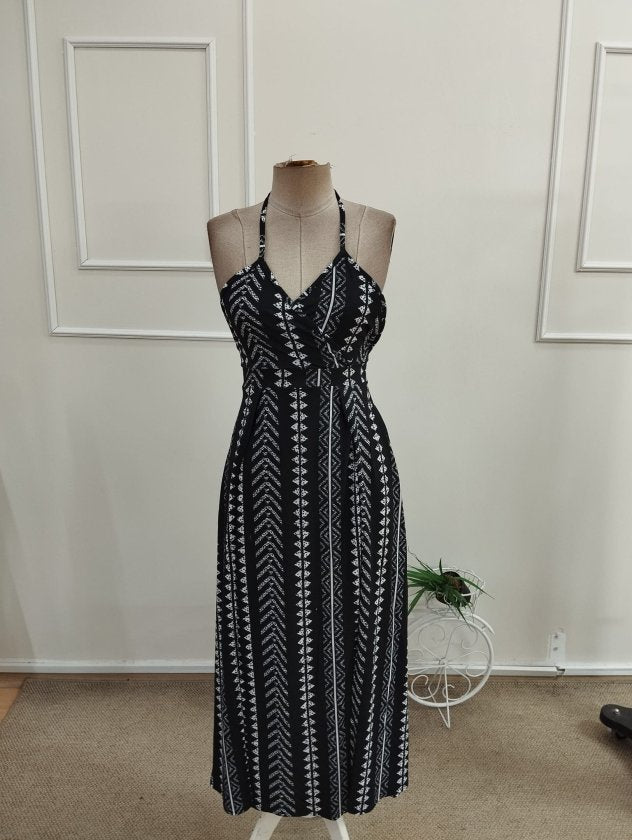 Women's Spaghetti Strap Crossover Neck Long Patterned Supreme Dress, 34173