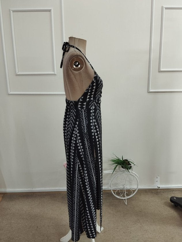 Women's Spaghetti Strap Crossover Neck Long Patterned Supreme Dress, 34173