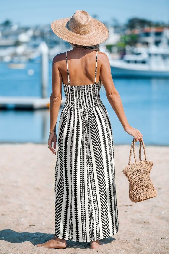 Women's Strappy Wrap Neck Front Slit Long Patterned Supreme Dress, 34174