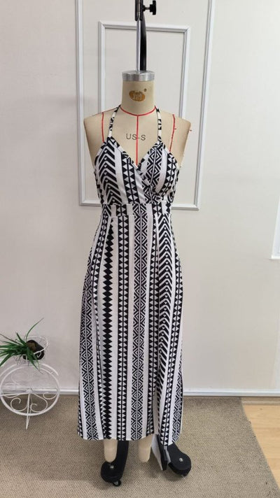 Women's Strappy Wrap Neck Front Slit Long Patterned Supreme Dress, 34174