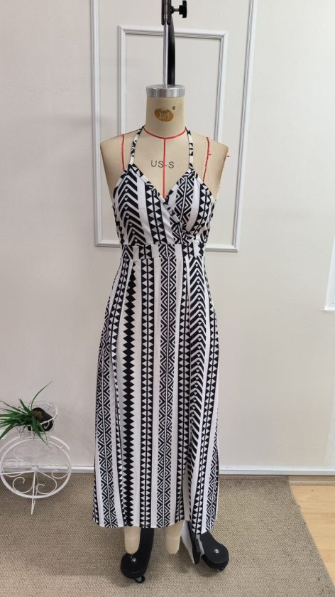 Women's Strappy Wrap Neck Front Slit Long Patterned Supreme Dress, 34174