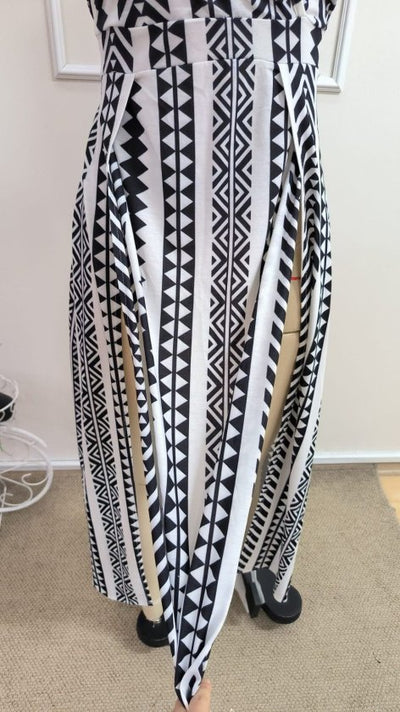 Women's Strappy Wrap Neck Front Slit Long Patterned Supreme Dress, 34174
