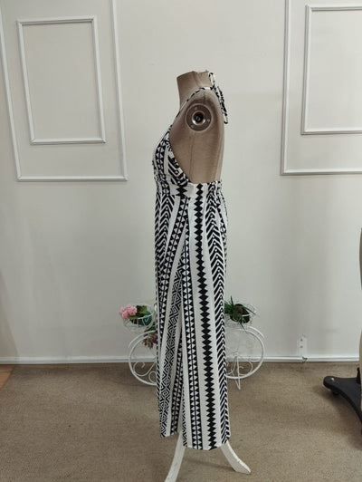 Women's Strappy Wrap Neck Front Slit Long Patterned Supreme Dress, 34174