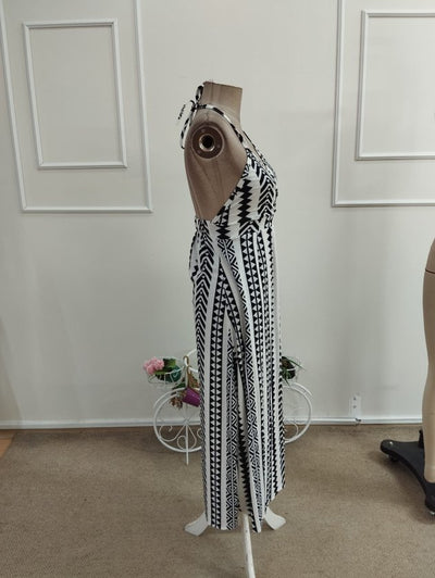 Women's Strappy Wrap Neck Front Slit Long Patterned Supreme Dress, 34174