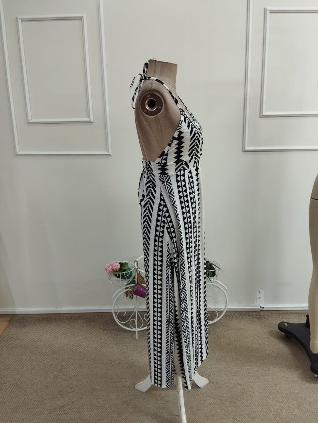 Women's Strappy Wrap Neck Front Slit Long Patterned Supreme Dress, 34174