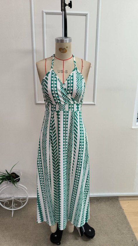 Women's Strappy Wrap Neckline Slit Front Long Patterned Suprem Dress, 34175