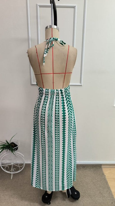 Women's Strappy Wrap Neckline Slit Front Long Patterned Suprem Dress, 34175