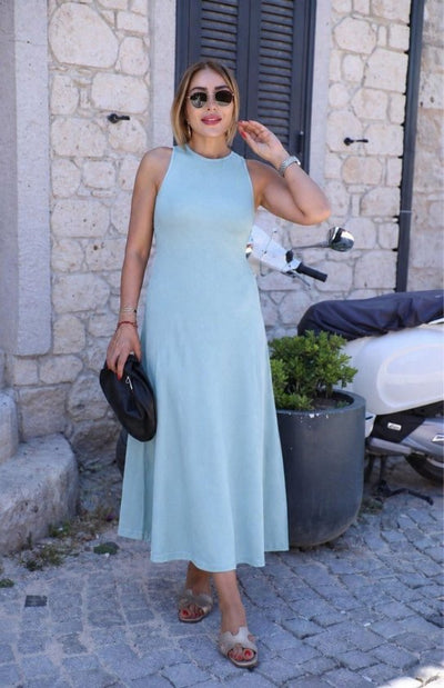 Women's Off-the-Shoulder Back Buckle Detail Slit Long Viscose Dress, 34186