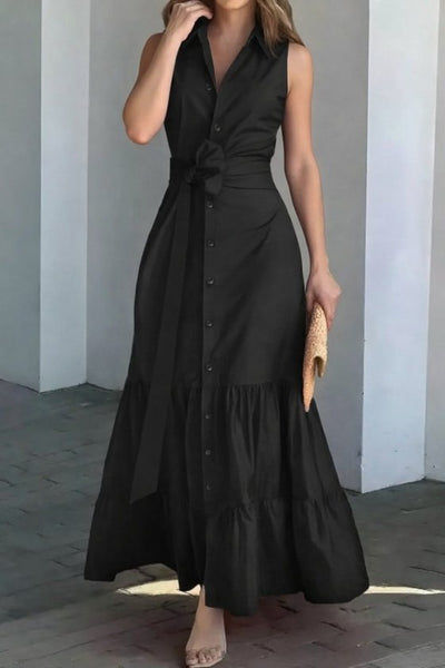Women's Sleeveless Crew Neck Button Front Belted Long Knit Dress, 34188