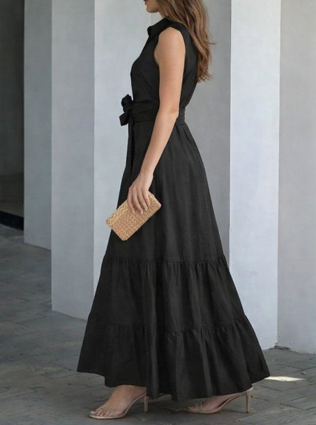 Women's Sleeveless Crew Neck Button Front Belted Long Knit Dress, 34188