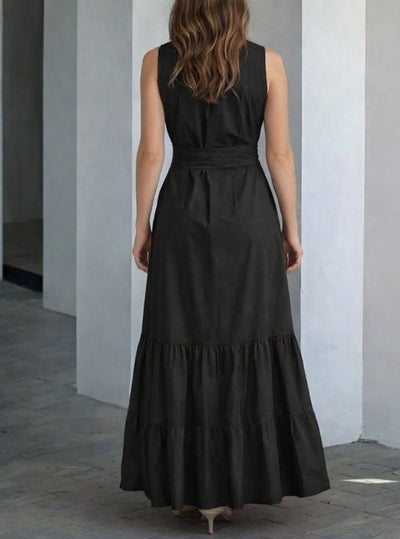 Women's Sleeveless Crew Neck Button Front Belted Long Knit Dress, 34188