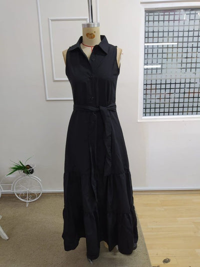 Women's Sleeveless Crew Neck Button Front Belted Long Knit Dress, 34188