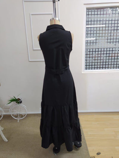 Women's Sleeveless Crew Neck Button Front Belted Long Knit Dress, 34188