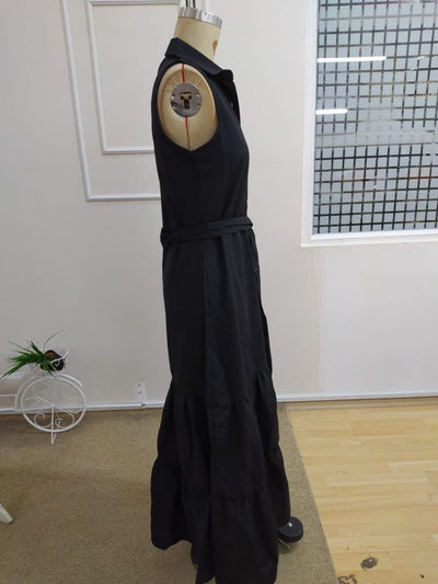 Women's Sleeveless Crew Neck Button Front Belted Long Knit Dress, 34188