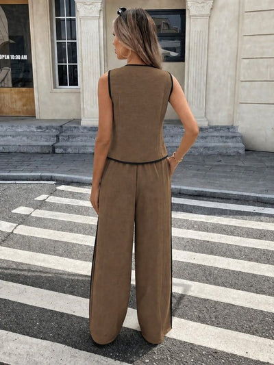 Set de două piese pentru femei, vestă și pantaloni fără mâneci, cu nasturi în față, 34194