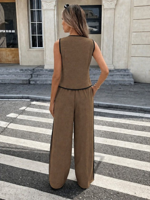 Set de două piese pentru femei, vestă și pantaloni fără mâneci, cu nasturi în față, 34194