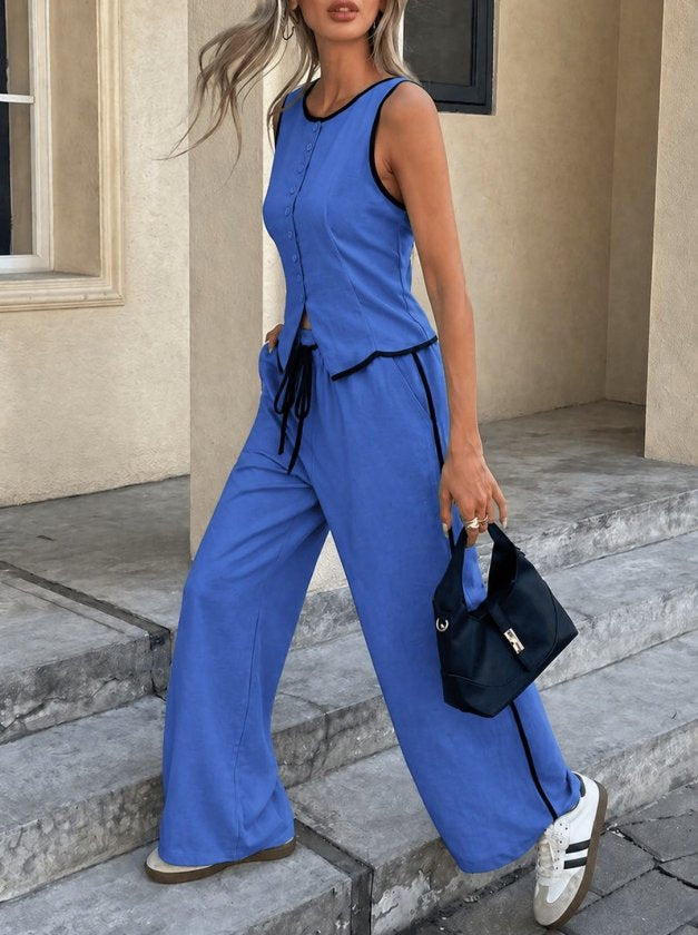 Set de două piese pentru femei, vestă și pantaloni fără mâneci, cu nasturi în față, 34195