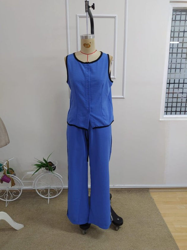 Set de două piese pentru femei, vestă și pantaloni fără mâneci, cu nasturi în față, 34195