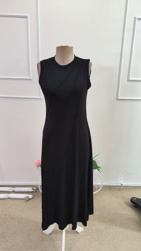Rochie lungă din viscoză, fără mâneci, cu guler rotund și nervuri în față, pentru femei, 34200